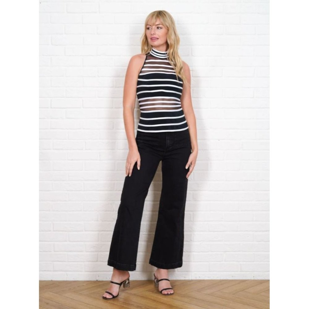 JS Collection Womens 6 Black White Striped Mesh Sleeveless Button Back Blouse